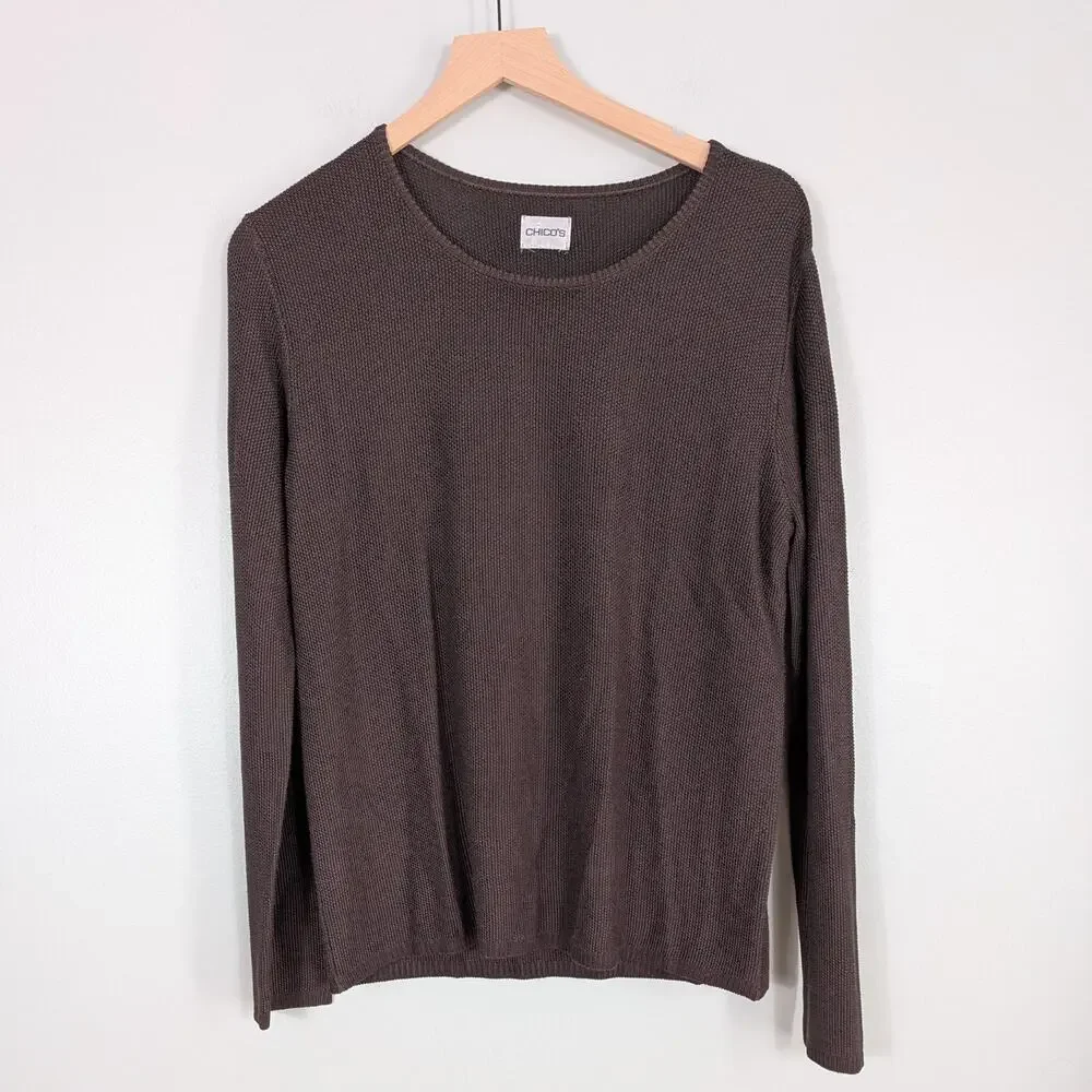 Chicos Open Knit Sweater L Brown Pullover 90s Neutral Classic Work Office Layer